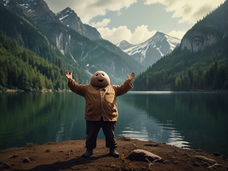 Day Framing - a humanlike potato triumphantly raises his hands by a mountain lake